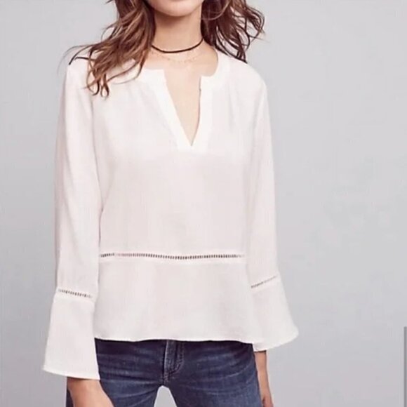 Cloth & Stone White Bell Sleeve Ladder Lace Inset Boho V-Neck Blouse Size M - Picture 1 of 10